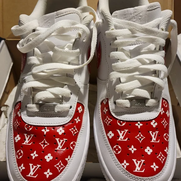 Customized LV -Nike- Air force 1's...Size 10.5 mens...Red/White - Picture 3 of 14